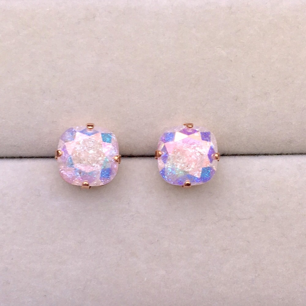 Aurora Borealis Pink Ice + Rose Gold Cushion Cut Crystal Earrings - Picture 9 of 10